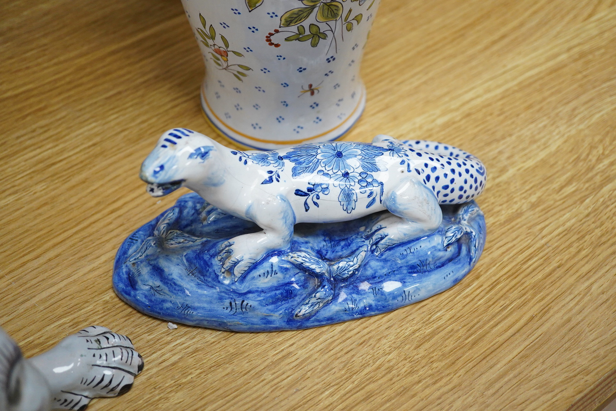 Five French faience pottery items, dating from the late 18th century to late 20th century. Tallest -vase 51cm high.